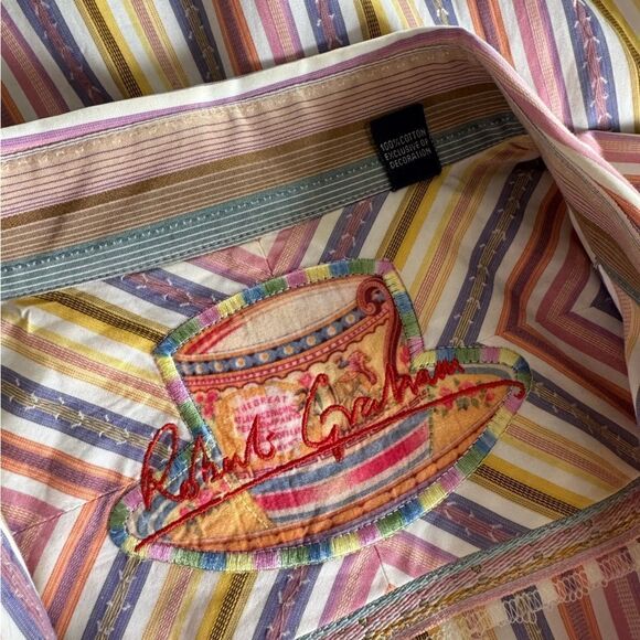 Robert Graham Striped Embroidered Pastel Button Down Shirt Classic Fit Size L - Picture 11 of 13